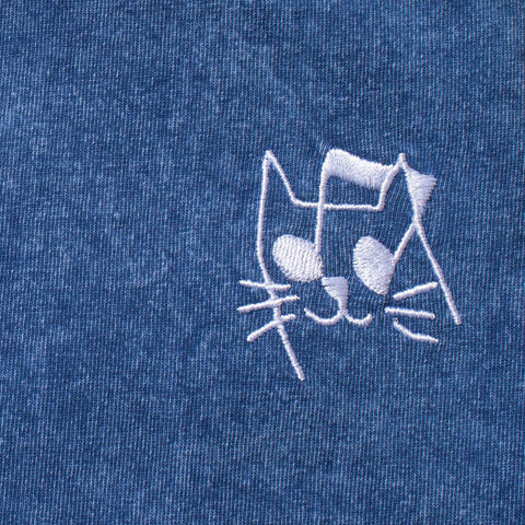 Music Cat Embroidered T - Mineral Wash Blue